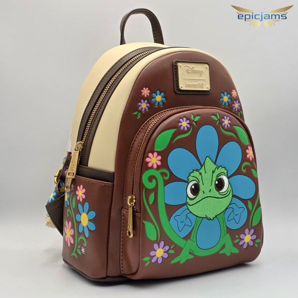 Loungefly Disney Tangled Pascal Flower Floral Brown Mini Backpack Bag New - Picture 2 of 7